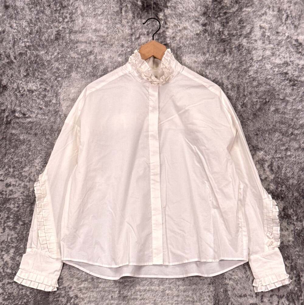 The Garment Boston Pleat Shirt 6 Womens White Poplin Ruffled Long Sleeve Button